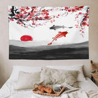 Houselerax Japanese Koi Fish Tapestries, Cherry Blossoms Asian Oriental Flower Branch Koi Fish Carp Tapestry Wall Hanging for Bedroom Living Room Office Decor 60"x40"