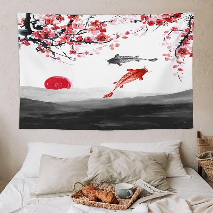 Houselerax Japanese Koi Fish Tapestries, Cherry Blossoms Asian Oriental Flower Branch Koi Fish Carp Tapestry Wall Hanging for Bedroom Living Room Office Decor 60"x40"