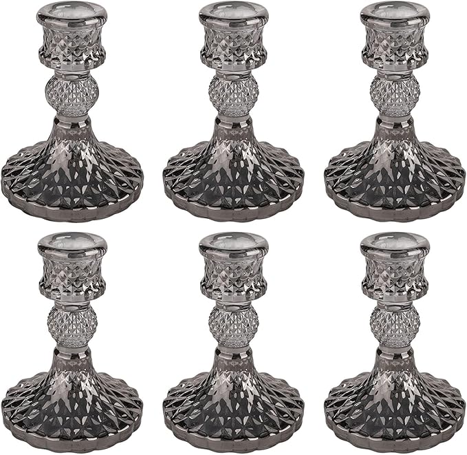 Glass Candlestick Holder,Striped Taper Candle Holders,Set of 6 Candle Stand for Table Centerpieces, Home Decor,Weddings,Festival and Parties (Grey Dimond Pattern)