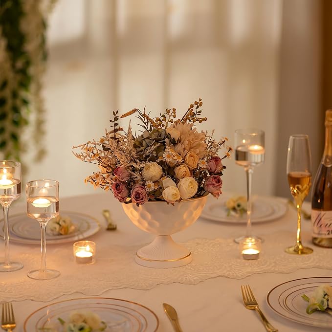 Sziqiqi White Vases for Wedding Centerpieces: 6.1in Metal Urn Vases Set of 2 Compote Vase for Decorations - Flower Arrangements Table Vase Plant Bowl for Wedding Party Event Home Decor