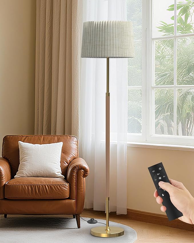 JOOFO Mid-Century Modern Wood Floor Lamp with Dual Fabric Shade, Remote Control, Dimmable & Adjustable Color Temperature, Reading & Living Room Lamp, Easy Clean Cover, Foot Switch
