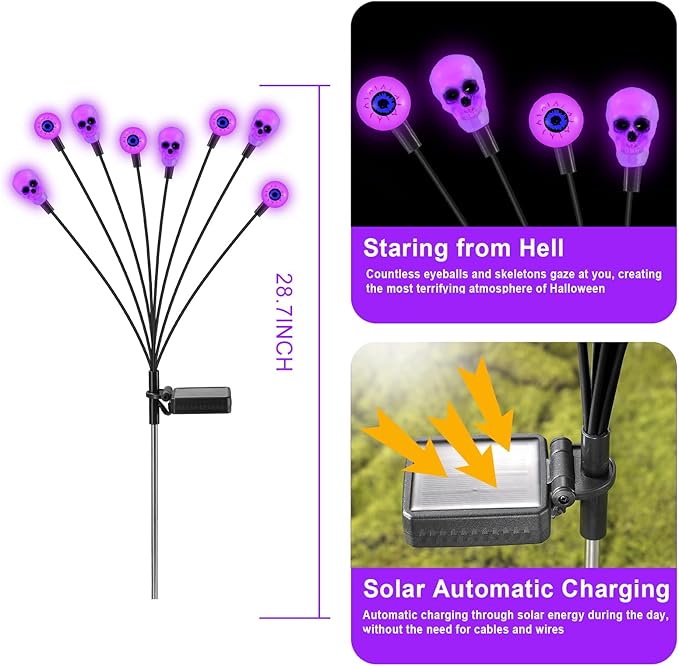 Solar Halloween Lights Outdoor, Scary Eyeball Lights, 4PACK 32LED, IP65 Waterproof, Decor for Garden/Yard/Patio/Lawn/Pathway (Purple)