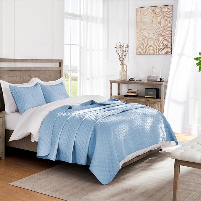 Exclusivo Mezcla Reversible Twin Quilt Bedding Set with Pillow Sham, Lightweight Quilts Twin Size, Soft Bedspreads Bed Coverlets for All Seasons - (Sky Blue, 68"x88")