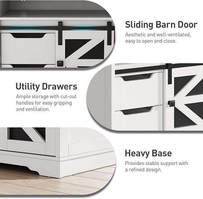 Farmhouse End Table Set of 2, Sofa Side Table with Charging Station, Bedside Table with 2 Drawers and Barn Door, Rustic Wooden Nightstand for Bedroom, Living Room, White and Walnut