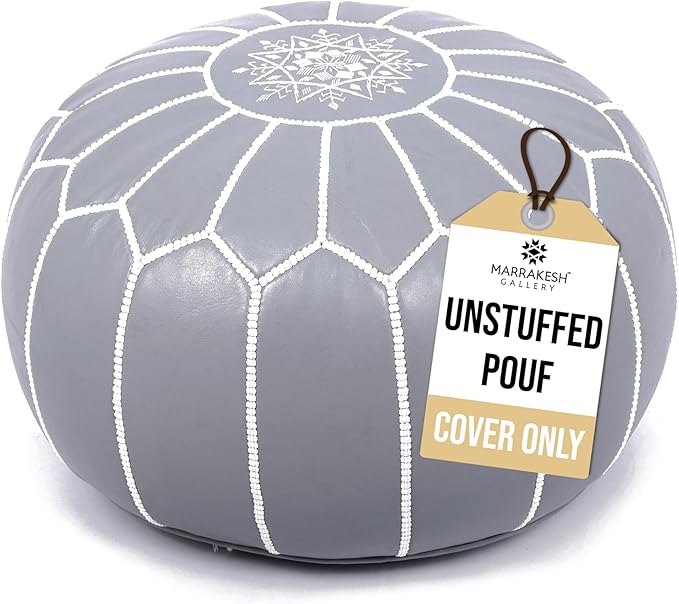 Marrakesh Gallery Genuine Leather Round Pouf Unstuffed - Moroccan Ottoman Footstool, Footrest Cover - Boho Decor - Bohemian Living Room, Bedroom, Kids Room, Gift & Wedding