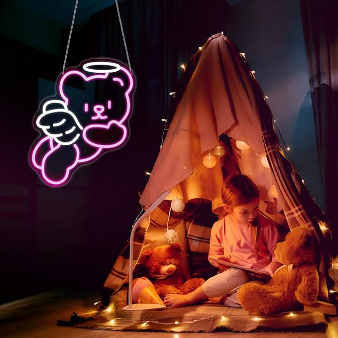 Bear Angel Neon Sign Led Neon Lights Neon Signs for Wall Decor Light Up Sign for Birthday Party Club Gift