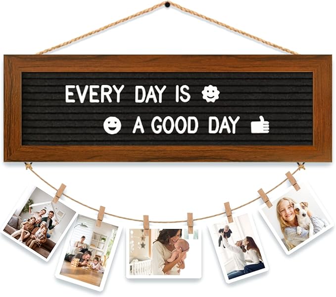 Picture Frames Collage Photo Hanging Display, Felt Letter Board with 340 Letters and 15 Clips, Picture Board Rustic Frames for Wall Dorm Room Decor Christmas Holiday Birthday Party Present