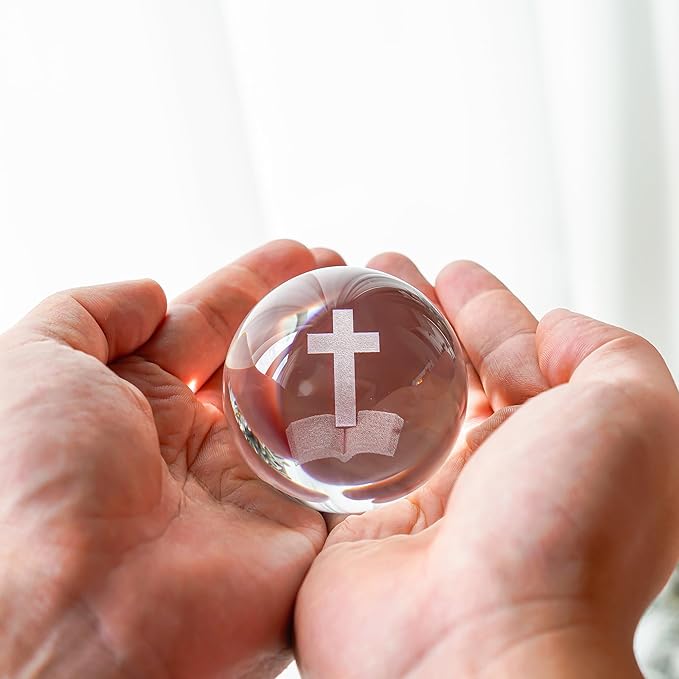 ZEERSHEE 3D Laser Engraved Cross Bible Crystal Ball with Stand Religious Christian Collectible Decoration for Home Office
