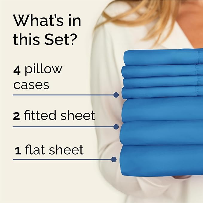 Split King Bed Sheet Set - 7 Piece Split King Bed Sheet Set - Soft Hotel Luxury Bedding - Cooling, Comfy & Breathable - 1 Flat & 1 Fitted & 4 Pillowcases w/ Deep Pockets - Wrinkle Free - Denim Blue