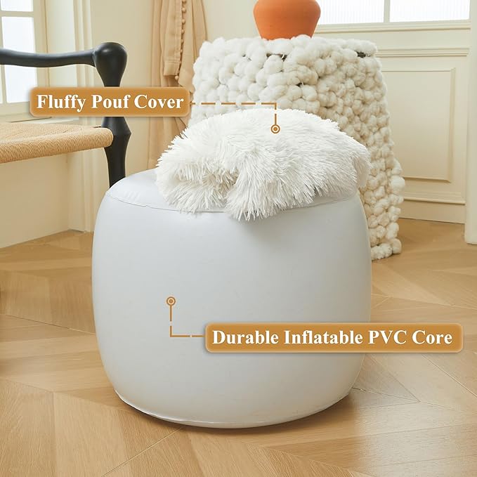XeGe Fluffy Faux Fur Inflatable Pouf Ottoman, Soft Portable Shaggy Fuzzy Foot Stool Ivory, Plush Furry Foot Rest Floor Pouf Anti-Slip, Round Ottoman Cushion Living Room Bedroom Patio Dorm, Beige