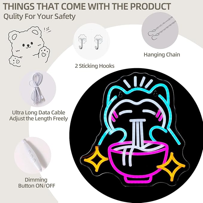 Ramen Bear Neon Light Sign Cute Anime Neon Sign for Wall Decor Dimmable Japanese Wall Decor Bule Bear USB Poweredfor Gaming Rooms, Restaurants, Bars & Kids Bedrooms, Creative Gift with Safe Indoor