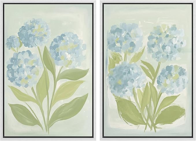 SIGNFORD Framed Canvas Print Wall Art Set Soft Hydrangea Pair Light Blue Florals with Green Leaves Illustration Modern Art Decorative Nordic Nature for Living Room, Bedroom, Office - 24"x36"x2 White
