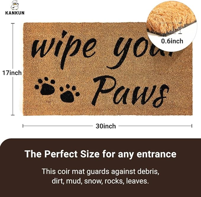 KANKUN Coco Coir Door Mat with Heavy Duty Backing, Welcome Doormat (17" x 30"), Doormat Entrance (Wipe Your Paws)