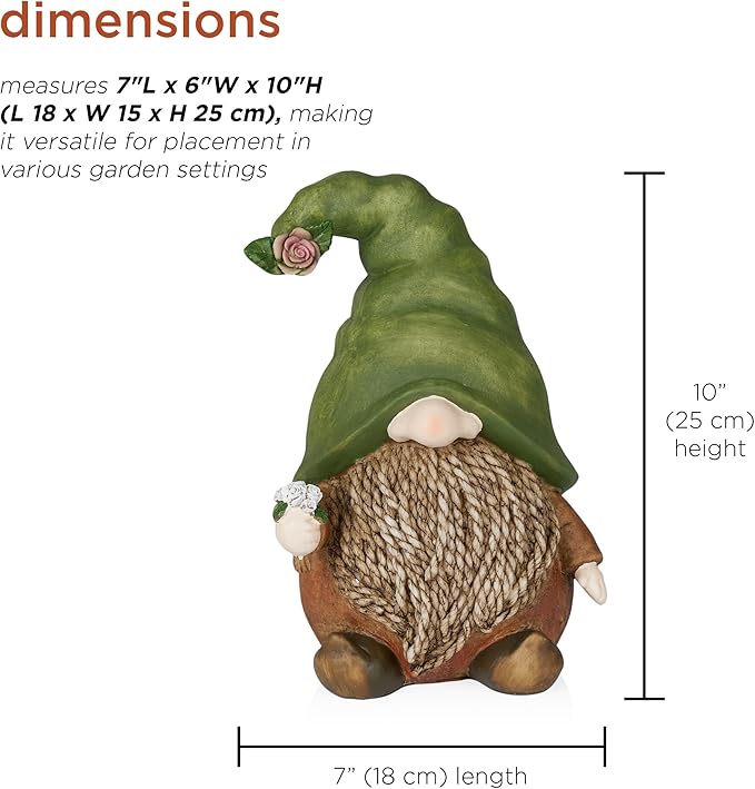 Alpine Corporation QWR1442 Outdoor Gnome with Green Hat Holding a Flower for Garden, Patio, and Lawn, 10" H, Multicolor