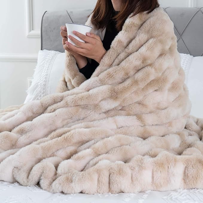 BATTILO HOME Ruched Luxurious Soft Beige Faux Fur Throw Blanket Fuzzy Plush Elegant with Reversible Mink Blanket for Sofa,Chair, Couch, Living Room, Home Decorative Blanket Tie dye (Beige, 50"x60")