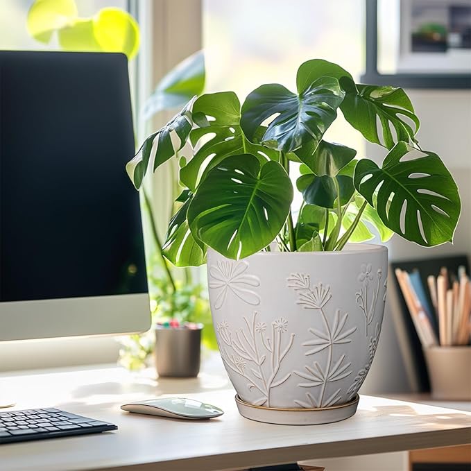 8 Inch Ceramic Pots for Plants Large Planter Pot with Drainage Hole and Saucer Round Flower Pot for Indoor Outdoor Decor, White