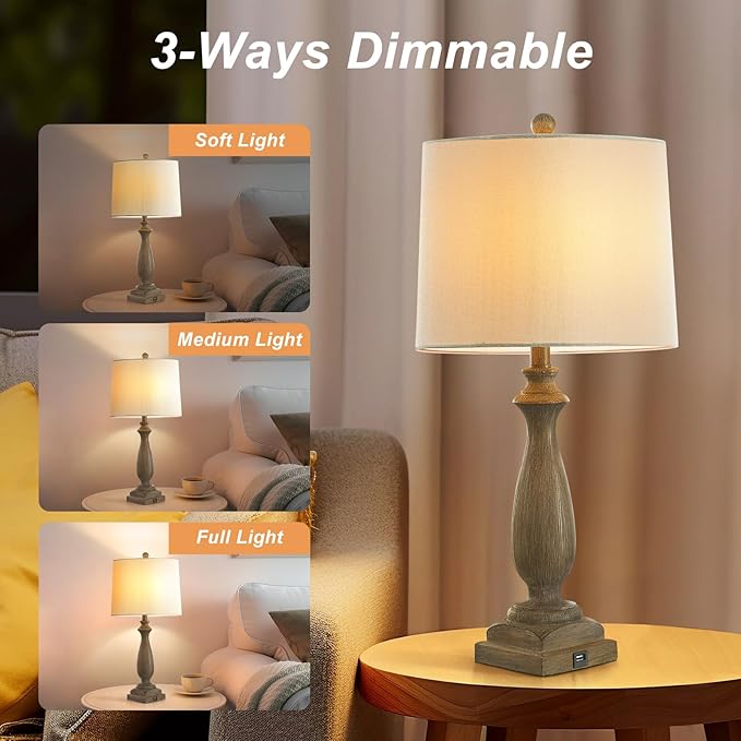 𝟐𝟔-𝐈𝐍𝐂𝐇 Rustic Table Lamp Set of 2 for Living Room, Vintage Farmhouse Bedside Lamp with USB Charging Port, 3 Way Dimmable Resin Nightstand Lamps with White Shade for Bedroom, End Table