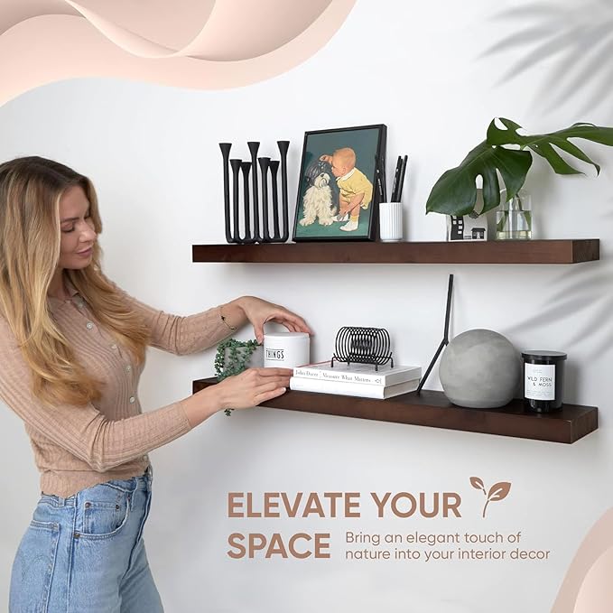 Homeforia Walnut 36 inch Floating Shelf, High End Solid Real Wood 36inch Large Shelves for Bathroom Wall, Dark Brown 36 inches Long Floating Shelves, Heavy Duty Bracket, 36 X 6.5 X 1.75 inch, Set of 3