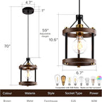 MO&OK Set of 3 Chandelier Vintage Pendant Light Fixture, Wood Color Farmhouse Wooden Metal Chandeliers, Open Frame Hanging Lighting for Diningroom,Bar,Entrance Hall,Kitchen Island H10.6 xD6.7