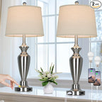 30" Tall Silver Table Lamps Set of 2 for Living Room, 3-Way Dimmable Touch Control Bedside Lamps for Bedroom Nightstand with USB A+C Ports & AC Outlet (2 LED Bulbs Included)