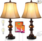 Touch Control Traditional Table Lamp Set of 2, Vintage Bedside Lamps with Dual USB Charging Ports, 3-Way Dimmable Bronze Finish Desk Lamps with Bell Shape Faux Silk Shade for Living Room, Bedroom