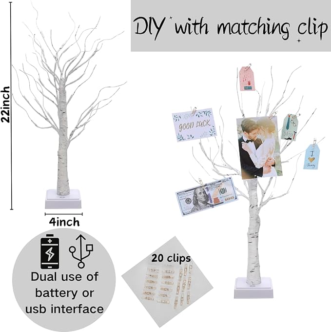 Money Tree Gift Card Holder 24 LED Birch Twig Treelights Battery/USB Powered Light Up Display Twig Gift Card Holder with 22 Clear Clips for Graduation Birthday Wedding Photo (Warm Color)