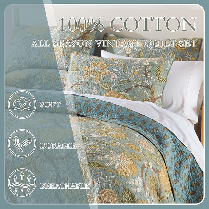 Cotton Bedspread Bedding Coverlet Quilt Sets, Reversible Vintage Branch Floral Bedspread comforters, (Rustic Sage Green Floral Pattern, Queen Size)