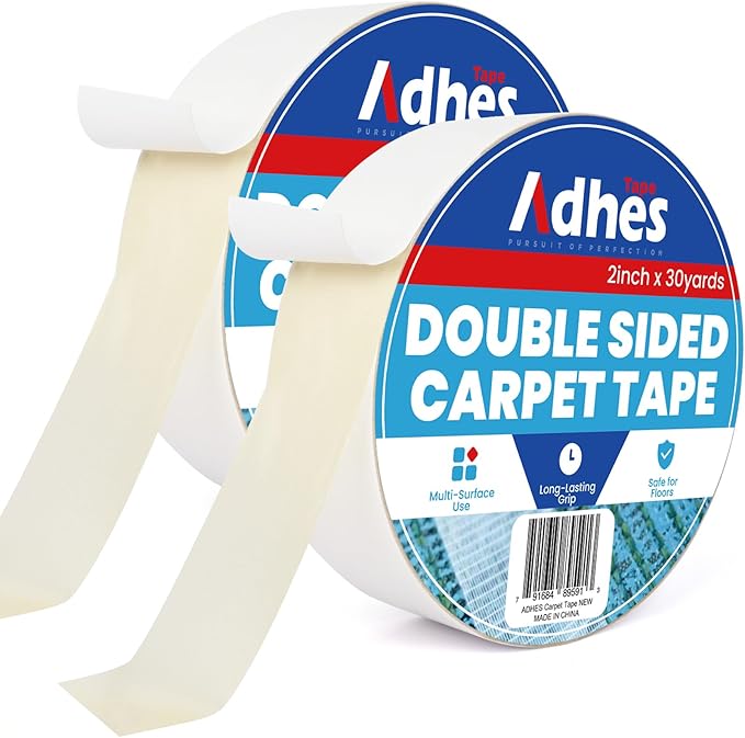 ADHES Double Sided Carpet Tape for Area Rugs – 2 Inch x 30 Yards x 2 Rolls, Heavy Duty Adhesive, Residue-Free, Rug Tape Gripper for Hardwood Floors, Tile, and Carpeted Surfaces – Easy to Apply