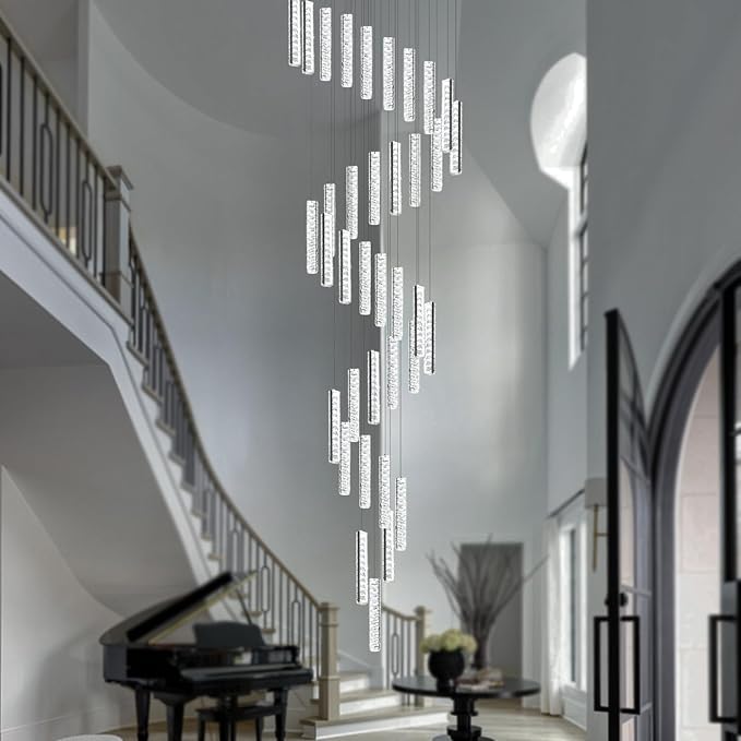 Modern Large Crystal Chandelier for High Ceiling LED Dimmable Chandelier Lighting for Foyer Hallway Staircase 36-Light Black