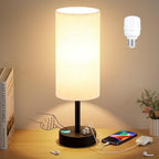 Beige Touch Lamp for Bedroom with USB - 3 Way Dimmable Table Lamp for Nightstand, Small Lamp with Black Charging Station for Desk Dorm, Office, Nursery