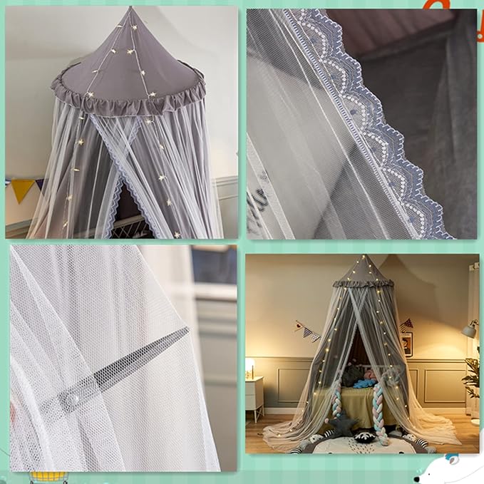 VETHIN Bed Canopy for with Lights,Double Layer Princess Round Dome Dreamy Mosquito Net Bedding Girls Room Castle Play Tent Hanging House Decor Reading Nook Canopies(Gray/White)