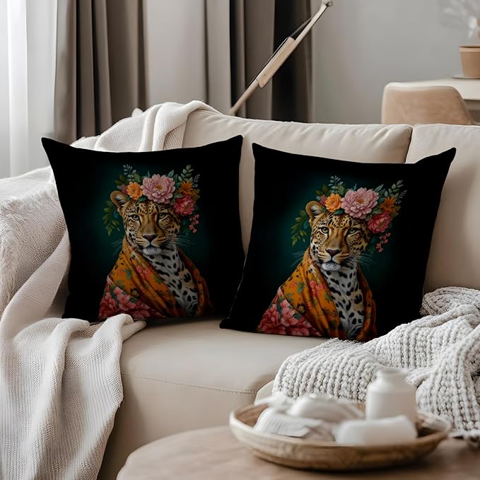 Trendy Maximalist Floral Leopard Eclectic Pillow Covers 18x18, Cheetah Print Room Decor, Eclectic Home Decor, Funky Colourful Floral Leopard Decorative Throw Pillow Covers for Home Room