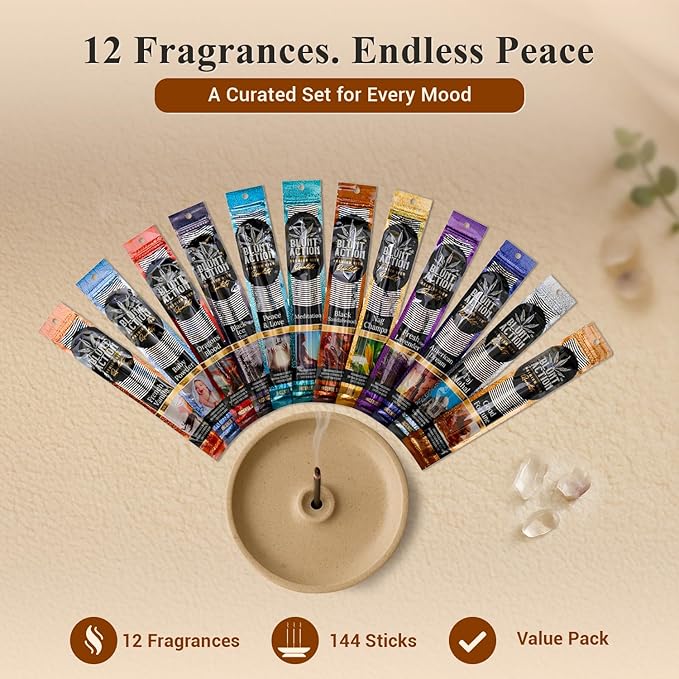 Tulasi Blunt Action Incense Sticks, 12 Packs, 144Pc, Long Lasting Fragrance, Natural Essential Oils Hand Rolled Incense Sticks for Aromatherapy, Relaxing, Yoga, Meditation, Prayer