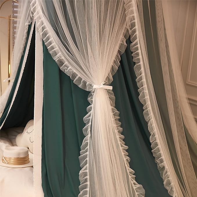VETHIN Double Layer Princess Round Dome Canopy Bed Curtain for Girls Adults,Children Dreamy Mosquito Net,Cute Bedroom Decoration Castle Play Tent Reading Nook Canopies (Blackish Green/White)