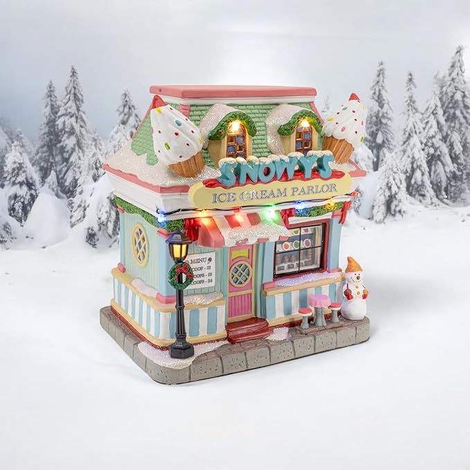Snowy's Ice Cream Parlor Porcelain Christmas Village with LED Lights