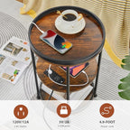 Dulcii Round Side Table with Charging Station, End Table with 3 Shelves for Living Room, Bedroom Nightstand for Small Spaces, Industrial Round Sofa Table with Steel Frame (USB+Rustic Brown)