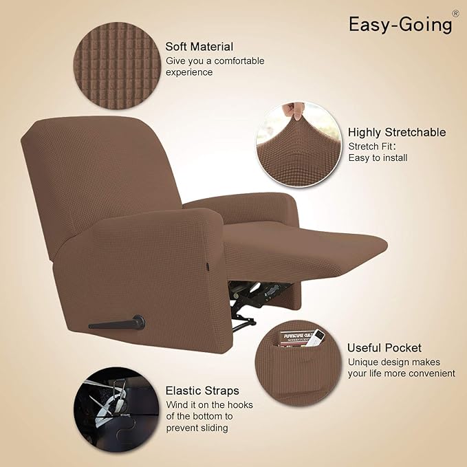 Easy-Going Recliner Stretch Sofa Slipcover Sofa Cover 4-Pieces Furniture Protector Couch Soft with Elastic Bottom, Spandex Jacquard Fabric Small Checks(Recliner,Brown)