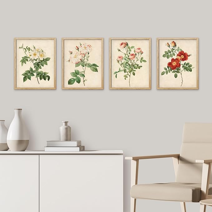 SIGNWIN Framed Vintage Colorful Wildflower Wall Art, Set of 4 Variety Floral Wall Decor Prints, Nature Wilderness Wall D¨¦cor for Living Room, Bedroom - 12"x16" Natural