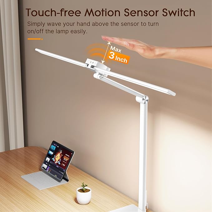 Syrinx Table Lamp, 24W Desk Lamp for Home Office with Gesture Sensor Switch and Touch Control, Eye-Caring Double Head LED Table Lamp with 25 Light Modes Adjustable Desk Light with Metal Base
