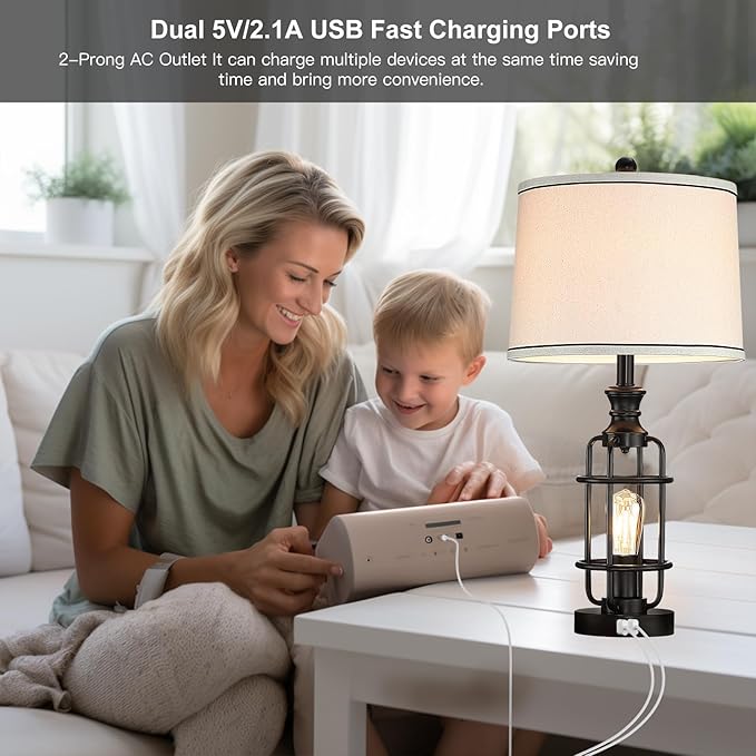 26.3”Table Lamps Set of 2 with USB Charging Ports,Farmhouse Bedside Nightstand Lamp with Rotary Switch,Rustic Reading Lamps Industrial Desk Lamps for Bedroom Living Room,Bulbs Included