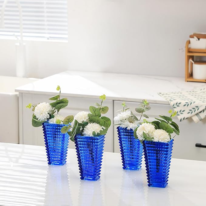 MCMCNCUIU Crystal Vases Set of 4, Blue Glass Vases, Crystal Vase for Centerpieces, Modern Flower Vase for Living Room, Bedroom, Kitchen, Dining Table, Shelf, Wedding, 6 Inches