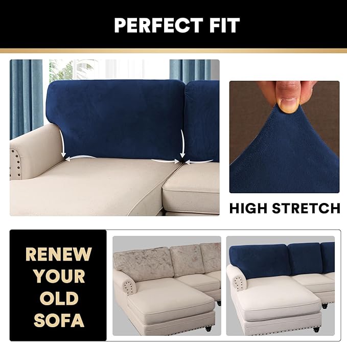 PrinceDeco Sectional Couch Covers Velvet Cushion Covers for Sectional Couch Washable Cushion Covers for Sectional Sofa Pet Friendly Sectional Sofa Slipcovers(1 Chaise Back+ 3 Sofa Back,Navy)