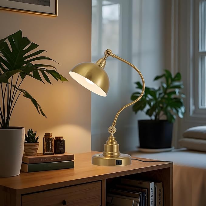 Vintage Brass Gold Desk Lamp Decorative Table Lamp for Home Office Living Room Bedroom Desk Light, Rustic Industrial Farmhouse Antique Library Study Desk Lamp E26 LED Bulb Included