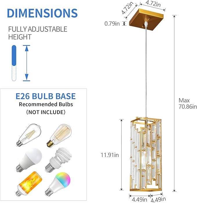 Gold Pendant Lighting Modern Pendant Light, Mini Crystal Chandeliers,Adjustable Pendant Light Fixture for Kitchen Island Dinning Room Bedroom (1 Pack)