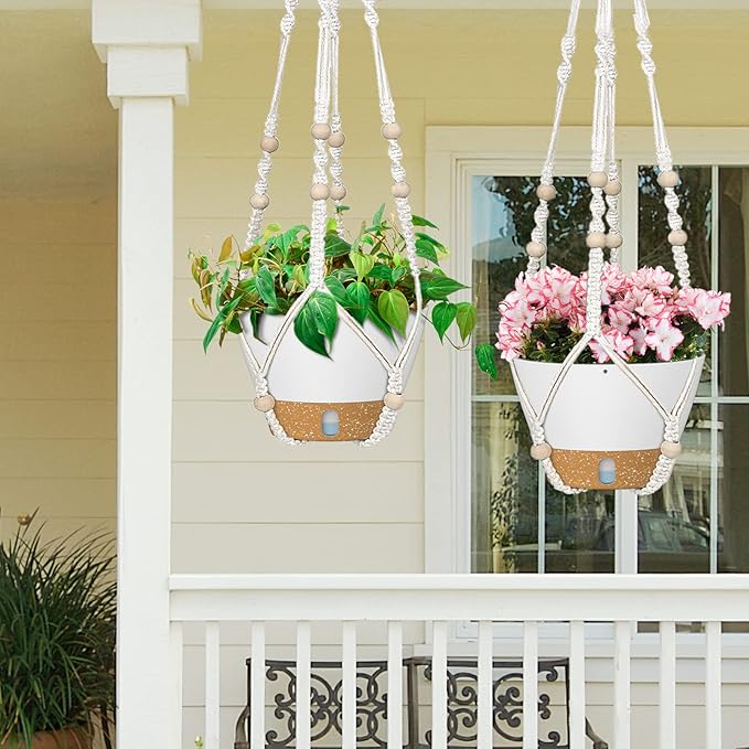 ZMTECH 2 Pack 10 Inch White Hanging Planters with Macrame Plant Hanger for Indoor and Outdoor Plants, Self Watering, Drainage Hole, Visible Level Tray