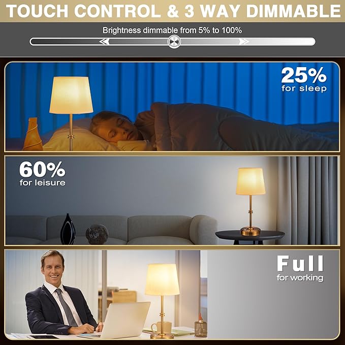 Rechargeable LED Cordless Table Lamp, 5200mAh Battery Operated, 3 Level Brightness, Portable Night Bedside Lamp, Ambient Desk Light for Home Decor, Patio, Restaurant, Dinning(Antique Brass)