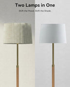 JOOFO Mid-Century Modern Wood Floor Lamp with Dual Fabric Shade, Remote Control, Dimmable & Adjustable Color Temperature, Reading & Living Room Lamp, Easy Clean Cover, Foot Switch