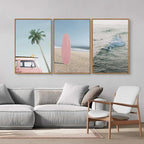 Tinonedraw Large Ocean Beach Framed Canvas Wall Art, Summer Coastal Surfboard Wall Decor, Palm Tree Pink Car Artwork, Modern Surfing Seascape Art Prints for Living Room Bedroom Office 24"x36"x3
