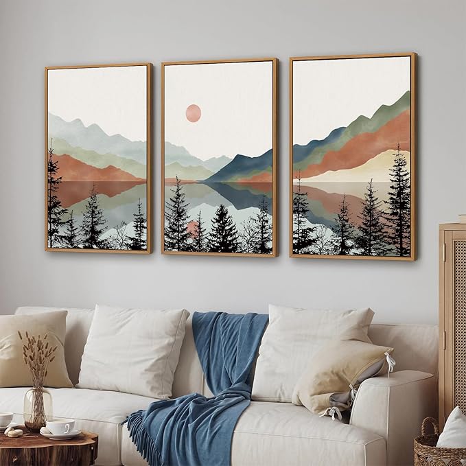 Tinonedraw Boho Mountain Framed Canvas Wall Art Set, Watercolor Nature Landscape Wall Decor, Black Pine Forest Artwork, Modern Sunrise Art Prints for Living Room, Bedroom, Office 16"x24"x3