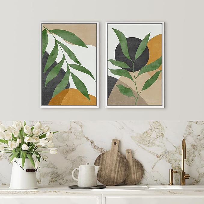 SIGNFORD Framed Canvas Print Wall Art Set Geometric Mid-Century Plant Collage Abstract Shapes Illustration Modern Art Decorative Nordic Nature for Living Room, Bedroom, Office - 24"x36"x2 White